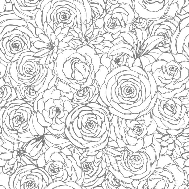 白い背景にローズ、リリー、牡丹、菊の花ライン アートをシームレスなパターンをベクトル。手描きスケッチ風で桜の花の繰り返し飾り。書籍を着色が可能です。 - usable点のイラスト素材／クリップアート素材／マンガ素材／アイコン素材