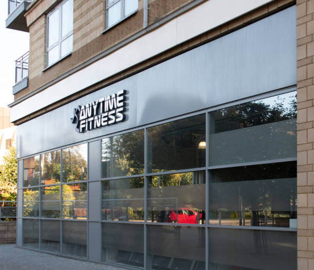 The frontage of Anytime Fitness Gymnasium in Alencon Link Basingstoke, United Kingdom - September 27 2018:   The frontage of Anytime Fitness Gymnasium in Alencon Link basingstoke photos stock pictures, royalty-free photos & images