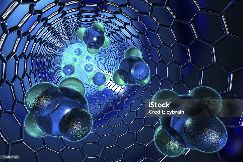 A complex molecular image representing the sciences Molecules moving inside the nanotube. Hi-res digitally generated image. Hydrogen Bonding Stock Photo