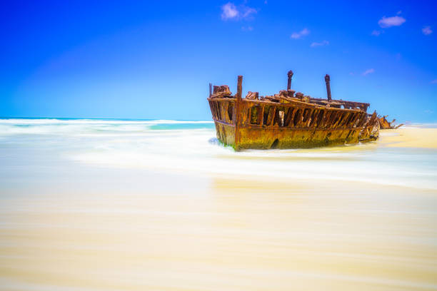SS Maheno  Fraser Island The Maheno is the most famous of Fraser Island’s wrecks and has become a landmark attraction. Built in 1905, the SS Maheno was one of the first turbine driven steamers.  She also served in the Mediterranean and the Red Sea. fraser island stock pictures, royalty-free photos & images