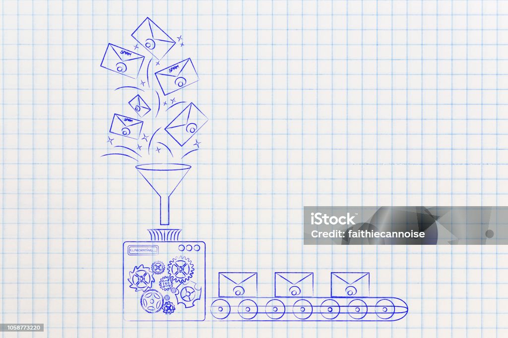machine processing emails and not letting spam go through spam filter conceptual illustration: machine processing emails and not letting spam go through (production line version) E-Mail Stock Photo