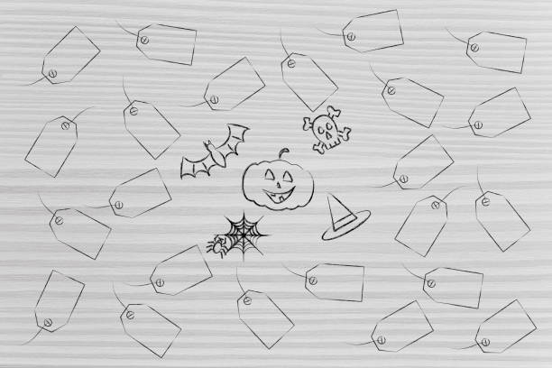 Halloween themed icons surrounded by empty price tags, seasonal promotions concept