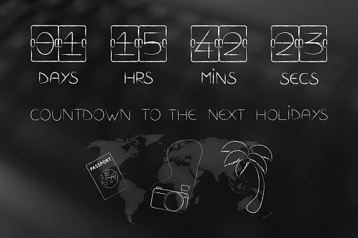 countdown to the next holidays conceptual illustration: timer with travel objects and world map