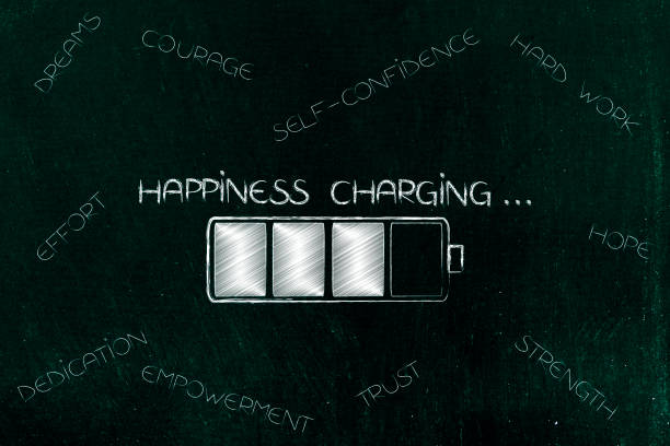 happiness charging conceptual illustration: battery with caption surrounded by elements to succeed