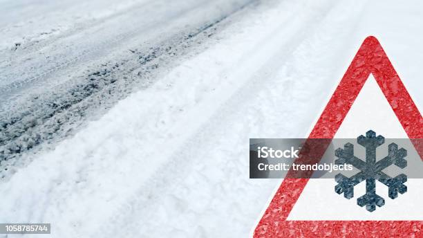 Winter Driving Caution Risk Of Snow And Ice Stock Photo - Download Image Now - Winter, Weather, Danger