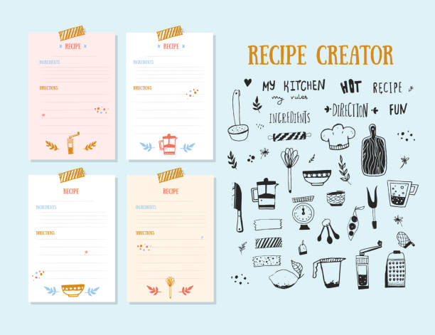Modern Recipe card template set for cookbook. Menu Creator Vector Illustration Modern Recipe card template set for cookbook. Menu Creator Vector Illustration. recipe stock illustrations
