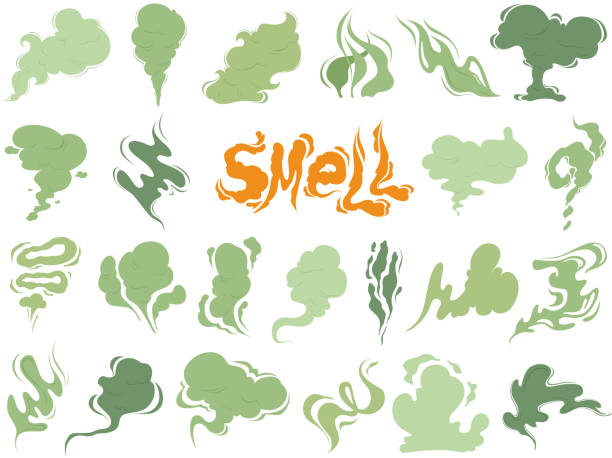 ilustraciones, imágenes clip art, dibujos animados e iconos de stock de mal olor. las nubes del humo de los cigarrillos de vapor o expiró el viejo vector de alimentos iconos de dibujos animados de cocina - smell