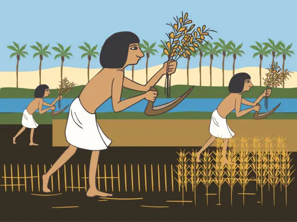 Vector illustration of ancient egyptian peasants harvest on the Nile bank cartoon