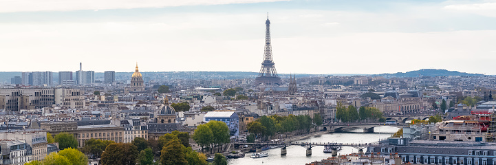 Paris, panorama of the Eiffel tower, with the Seine and bridges, and the most famous monuments