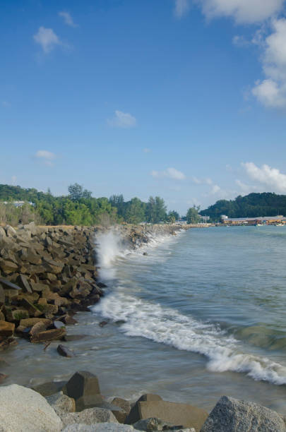 istock blurred and selective focus image of wave crushing concrete breakwater on the beach over blue sky background at sunny day 1058797362