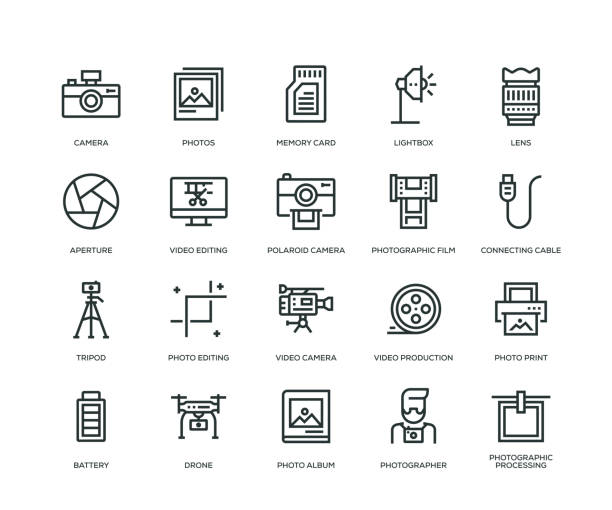 ikony fotografování - řada linek - blesk bouřka fotky stock ilustrace