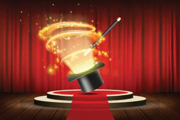 Vector illustration of Magic wand and hat on stage with curtain. Focus and entertainment.