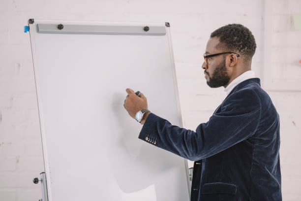 istock handsome african american businessman writing on whiteboard in office 1058803896