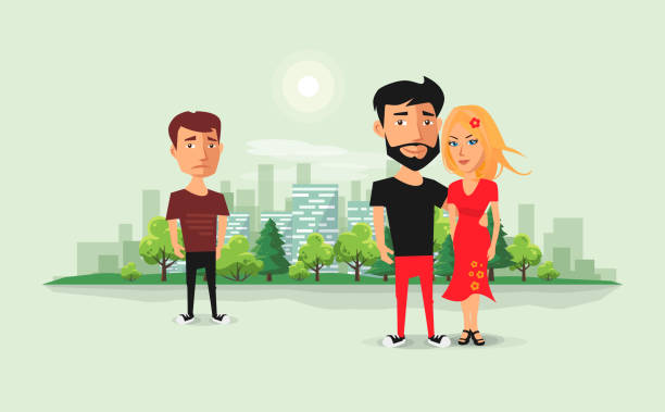 Sad Ex Boyfriend Looking on Couple in Love Sad jealous ex boyfriend looking at romantic couple. Past relationship concept. Ex-lover in love triangle. Beautiful couple with ex and urban city skyline background. Flat vector cartoon illustration. jealous ex girlfriend stock illustrations