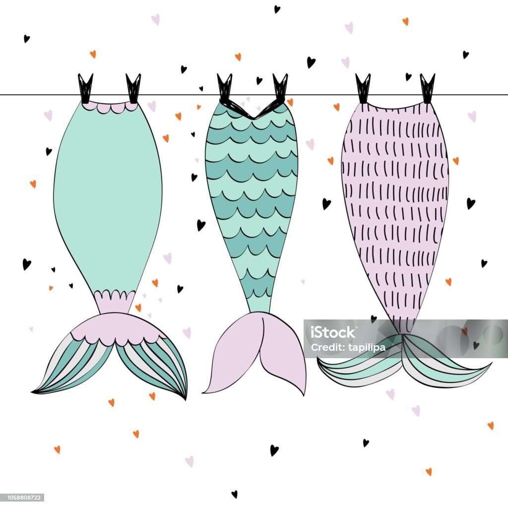 Vector cute mermaids Vector hand drawn illustration with mermaid tails Mermaid stock vector