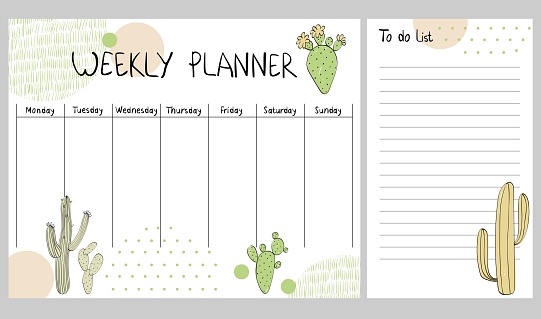 Hand drawing vector weekly planner with cactuses.