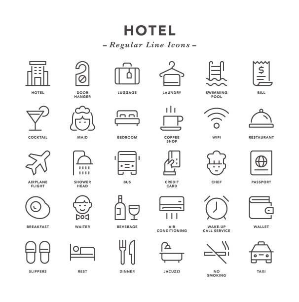 hotel - ikon jalur reguler - pekerjaan hotel ilustrasi stok