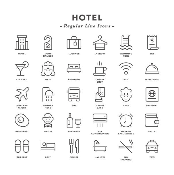 illustrazioni stock, clip art, cartoni animati e icone di tendenza di hotel - icone di linea regolari - hotel
