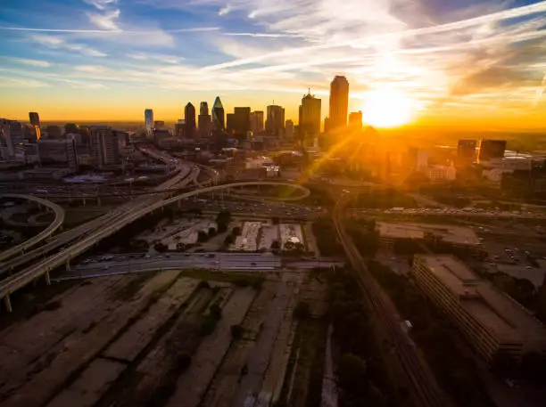 Photo of Dallas Texas Aerial drone view of sun sweet City skyline
