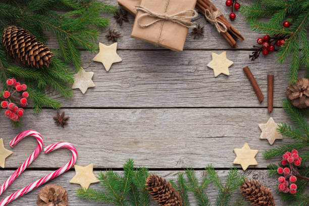 istock Christmas background with fir tree and decoration 1058821400