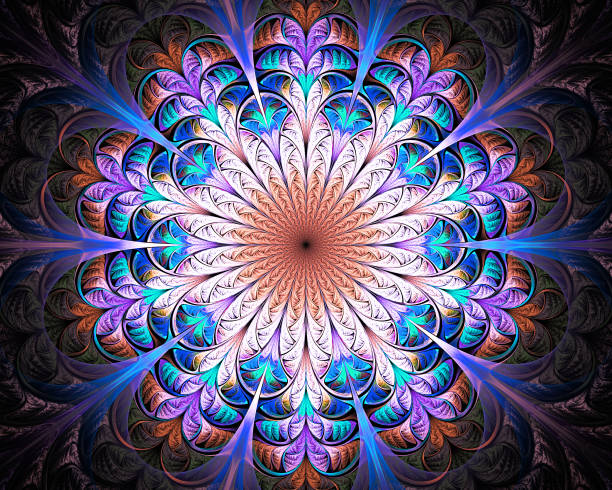 추상적인 배경 화면입니다. 추상 프랙탈입니다. 크리에이 티브 디자인에 대 한 프랙탈 아트 배경입니다. 카드, 덮개 소책자, 포스터, 벽지 바탕 화면에 대 한 장식. 환각입니다. 옷, t-셔츠 인쇄. - kaleidoscope fractal psychedelic abstract 뉴스 사진 이미지