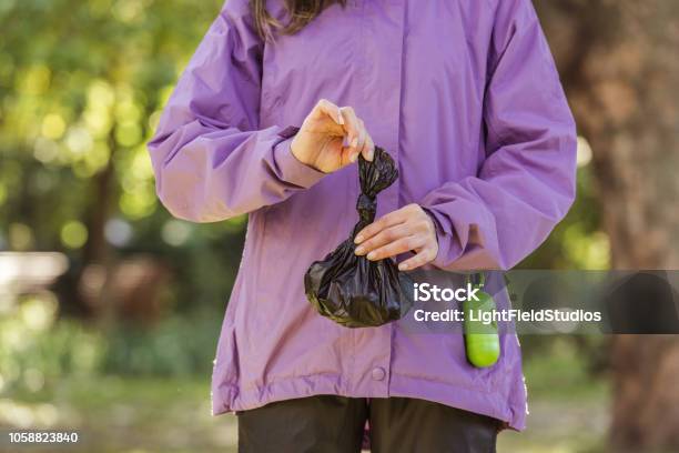 Cropped Shot Of Young Woman Holding Trash Bag While Cleaning After Pet In Park Stock Photo - Download Image Now