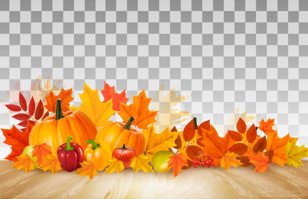 ilustrações, clipart, desenhos animados e ícones de feliz ação de graças ao fundo coloridas frutas e produtos hortícolas em fundo transparente. vector. - leaf autumn falling thanksgiving