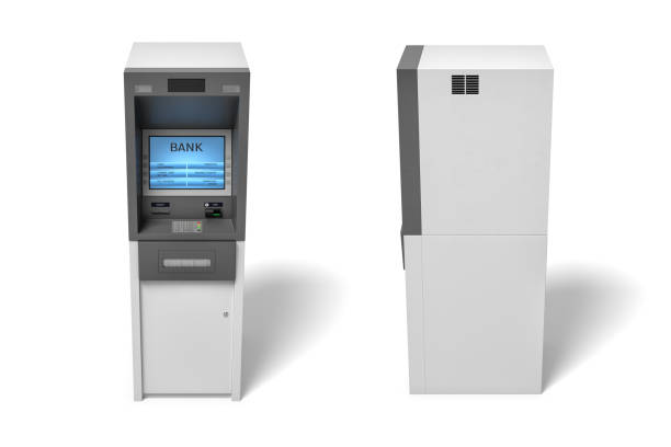 3d rendering of an isolated bank ATM machine with a lit blue screen and some white options bubbles on the sides. Modern banking technologies. Getting cash from account. Managing your finances.