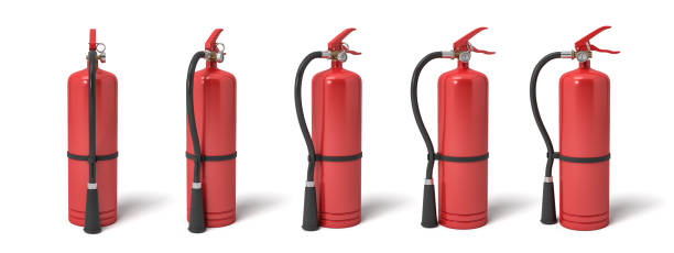istock 3d rendering of six red fire extinguishers standing on a white background in different angles. 1058829554