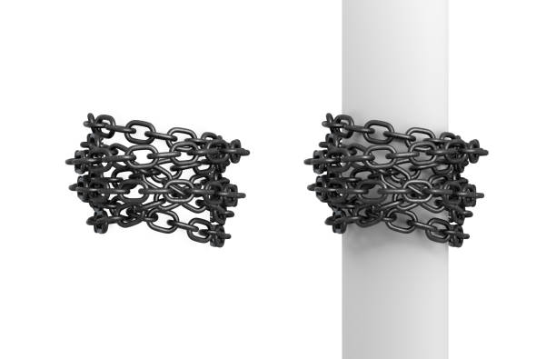 3d rendering of two pieces of iron chains, one curled around a post, and another around itself. - chain guard imagens e fotografias de stock