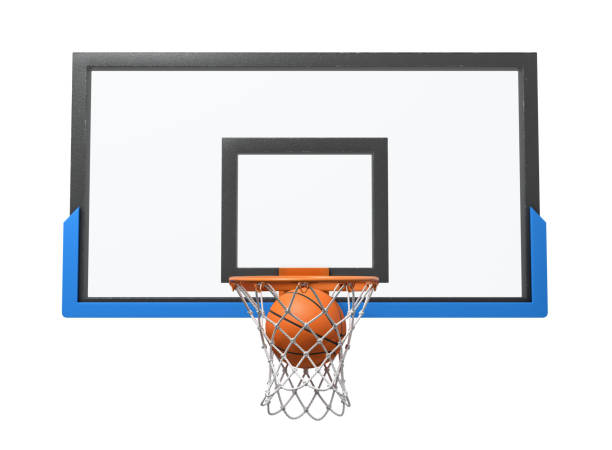 istock 3d rendering of a basketball ball falling inside a basket attached to a transparent backboard. 1058829584