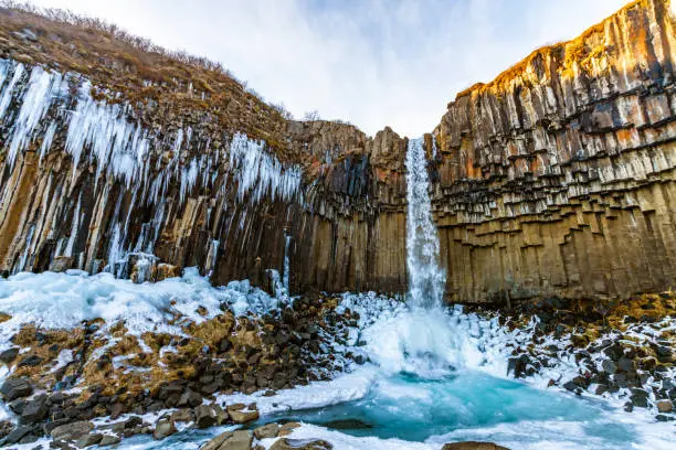 A big waterfall called Svartifoss or black fall in Skaftafell national park in Iceland. It is a great black basalt wall behind the falls is its signature. One of icelandic symbol and landmark best for touristA group of skyscrapers in Hongkong and Kowloon from Victoria peak viewpoint during sunset. Place for tourism spot.