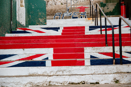 Gibraltar, United Kingdom, 2nd October 2018:- Steps painted with the British flag in Gibraltar. Gibraltar is a British Overseas Territory located on the southern tip of Spain.
