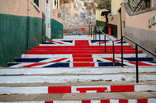 Gibraltar, United Kingdom, 2nd October 2018:-  Steps painted with the British flag in Gibraltar. Gibraltar is a British Overseas Territory located on the southern tip of Spain.