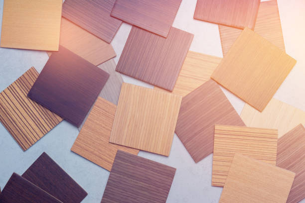 istock samples of material, wood , on concrete table.Interior design select material for idea. 1058840428