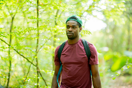 A handsome young man of african ethnicity walks through a forest alone on a sunny afternoon. He has a look of contemplation of his face. He is surrounded by lush greenery.
