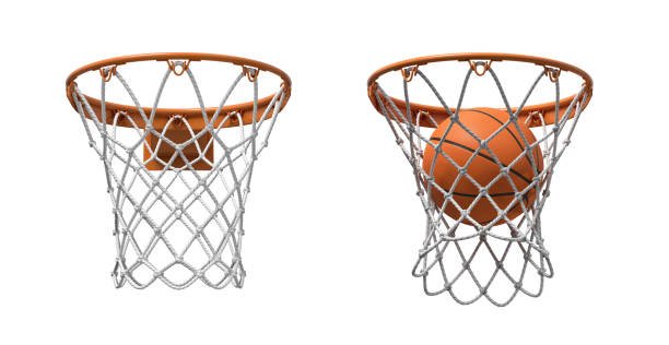 istock 3d rendering of two basketball nets with orange hoops, one empty and one with a ball falling inside. 1058842654