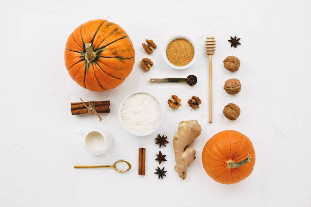 Flat lay with various pumpkins, cinnamon stick, flour, spices, cane sugar and other pumpkin pie ingredients knolled together on white cement background