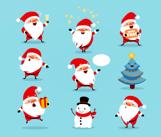 ilustraciones, imágenes clip art, dibujos animados e iconos de stock de colección de navidad santa claus. conjunto de personajes de dibujos animados divertidos con diferentes emociones. ilustración de vector aislado en azul claro - christmas humor fun art