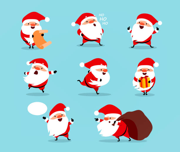 sammlung von weihnachten santa claus. reihe von lustigen comic-figuren mit unterschiedlichen emotionen. vektor-illustration isoliert auf hellblau - kaputtlachen stock-grafiken, -clipart, -cartoons und -symbole