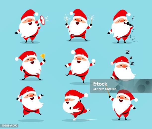 Collezione Di Babbo Natale Set Di Divertenti Personaggi Dei Cartoni Animati Con Emozioni Diverse Illustrazione Vettoriale Isolata In Azzurro - Immagini vettoriali stock e altre immagini di Babbo Natale