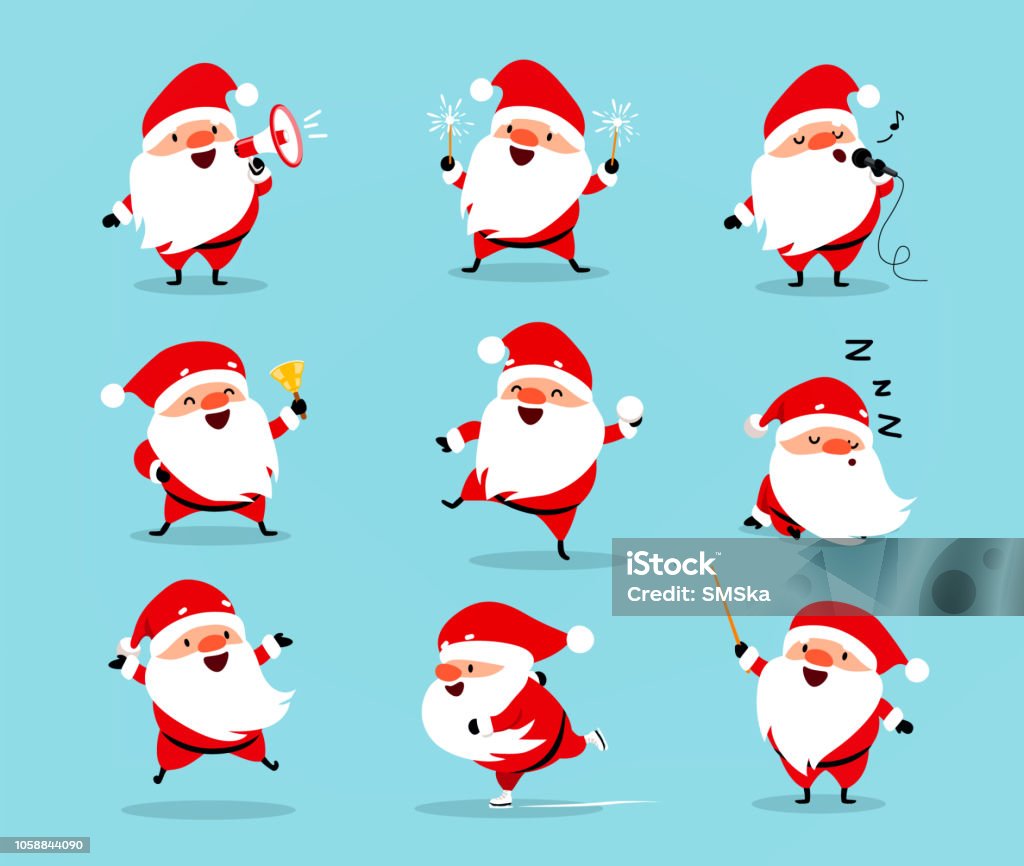 Collection of Christmas Santa Claus. Set of funny cartoon characters with different emotions. Vector illustration isolated on light blue Collection of Christmas Santa Claus. Set of funny cartoon characters with different emotions and New Year's objects. Vector illustration isolated on light blue background Santa Claus stock vector