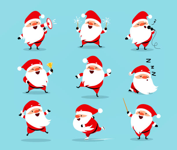 Collection of Christmas Santa Claus. Set of funny cartoon characters with different emotions. Vector illustration isolated on light blue Collection of Christmas Santa Claus. Set of funny cartoon characters with different emotions and New Year's objects. Vector illustration isolated on light blue background santa claus illustrations stock illustrations