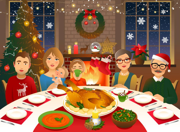 ilustrações de stock, clip art, desenhos animados e ícones de family having a christmas dinner - poinsettia christmas candle table