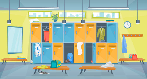 istock Cartoon Color Changing Room Fitness Inside Interior. Vector 1058872660