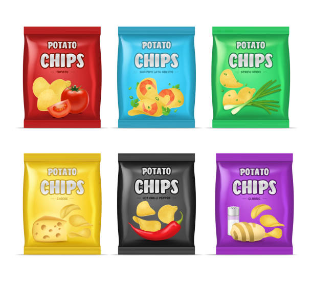 illustrations, cliparts, dessins animés et icônes de réaliste 3d chips annonce sac ensemble en détail. vector - packaging tape