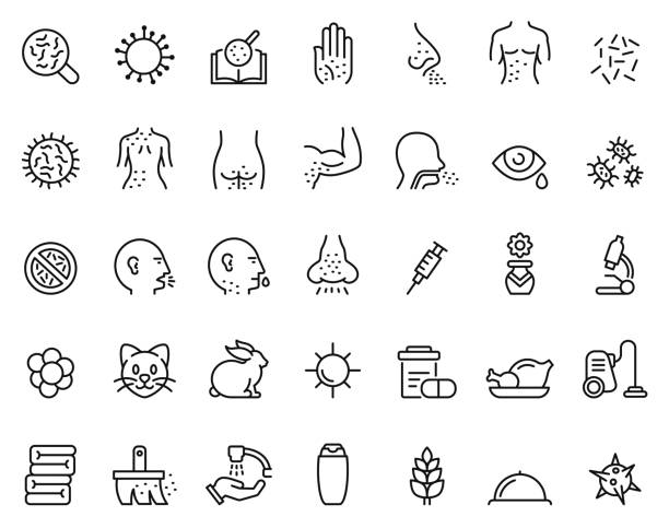 ilustraciones, imágenes clip art, dibujos animados e iconos de stock de conjunto de iconos de alergia - enfermedad-contagiosa