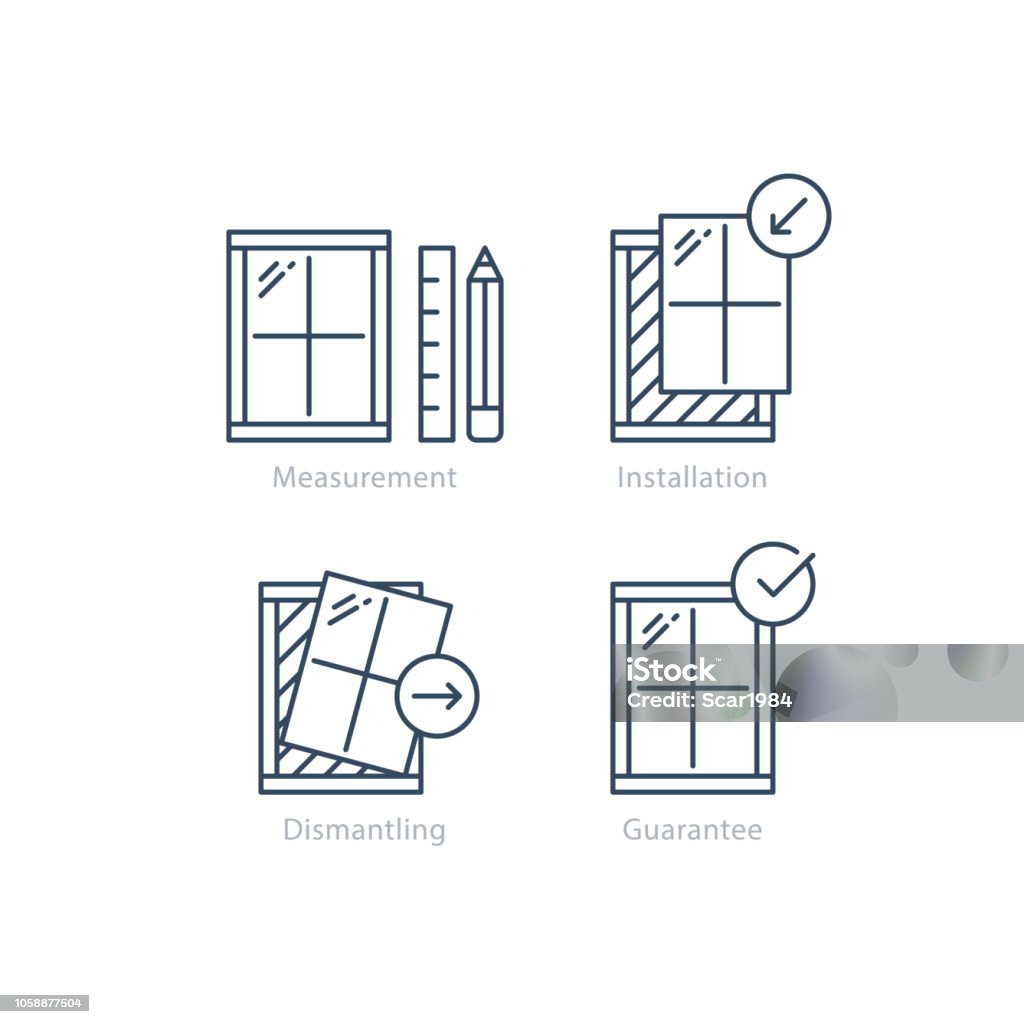 Window replacement order, measurement and dismantling old window icon Window installation services, replacement steps, vector mono line icons set Window stock vector
