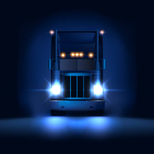 ilustrações, clipart, desenhos animados e ícones de noite grande clássico caminhão semi caminhão com faróis e secar van semi montando a vista frontal fundo escuro da noite, ilustração vetorial - headlight