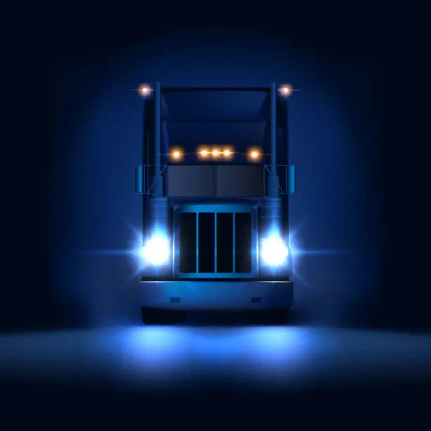 Vector illustration of Night large classic big rig semi truck with headlights and dry van semi riding on the dark night background front view, vector illustration